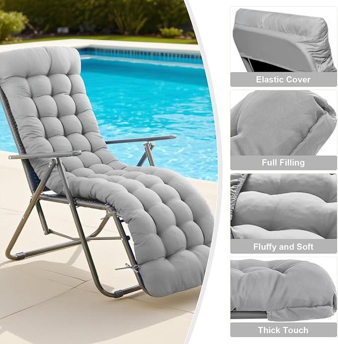 ERWUDEling Outdoor Chaise Lounge Chair Cushion 67 x 19 Inch - 4" Thick Waterproof Zero Gravity Pad Non-Slip 7D PP Cotton with 6 Ties, Machine Washable for Patio/Home/Office (Gray)