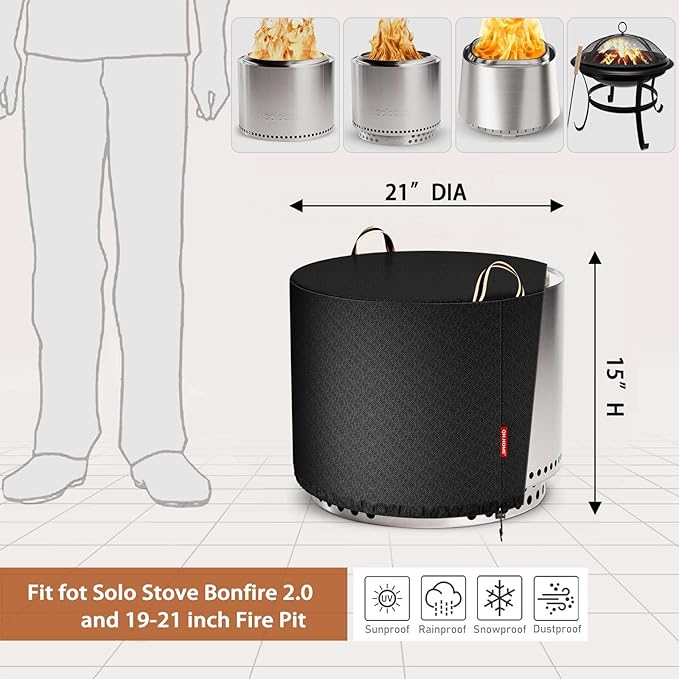 QH.HOME [2026 Upgraded 900D Fabric] 21 Inch Round Fire Pit Cover for Solo Stove Bonfire 2.0 Heavy Duty Waterproof Firepit Covers Fit for 19-20 inch Smokeless Outdoor Fireplace, All-Weather Resistant