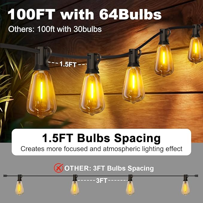 100FT Outdoor String Lights - 64+4 Bulbs(𝟏.𝟓𝐅𝐓 𝐁𝐮𝐥𝐛𝐬 𝐒𝐩𝐚𝐜𝐢𝐧𝐠) | Remote & Dimmer, 3 Light Modes & Timing, IP65 Waterproof, 100PC Mounting Ties for Patio/Outside/Commercial