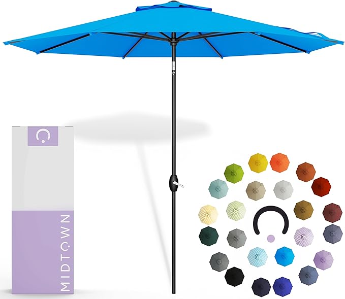 Midtown Umbrellas - 10-Year-No-Fade 6 Ft Patio Umbrella with Terylast Fabric, Auto-Tilt Aluminum Frame and 8 Reinforced Ribs for Deck, Pool, Garden & Beach - Cobalt Blue Canopy, Black Pole