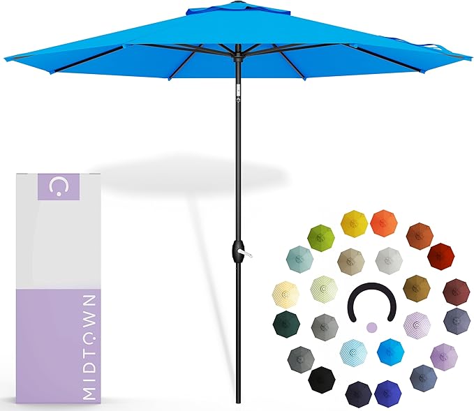 Midtown Umbrellas - 10-Year-No-Fade 10FT Patio Umbrella with Terylast Fabric, Auto-Tilt Aluminum Frame and 8 Reinforced Ribs for Deck, Pool, Garden & Beach - Cobalt Blue Canopy, Black Pole
