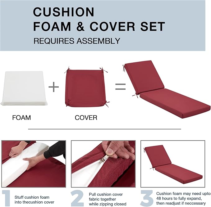HOMREST 73.2x22.8x3.94 inches Lounge Chair Cushion,Outdoor Chaise Lounge Cushion with Splash Fade Tear Resistant Fabric, Wine Red