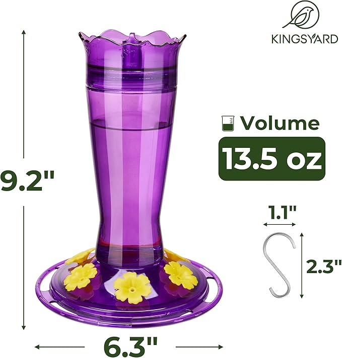 Kingsyard Glass Hummingbird Feeder for Outdoors Hanging - 6 Bee Guard Feeding Ports & Built-in Ant Moat, Wild Bird Feeder for Outside Garden Yard Patio 14 Oz, Purple