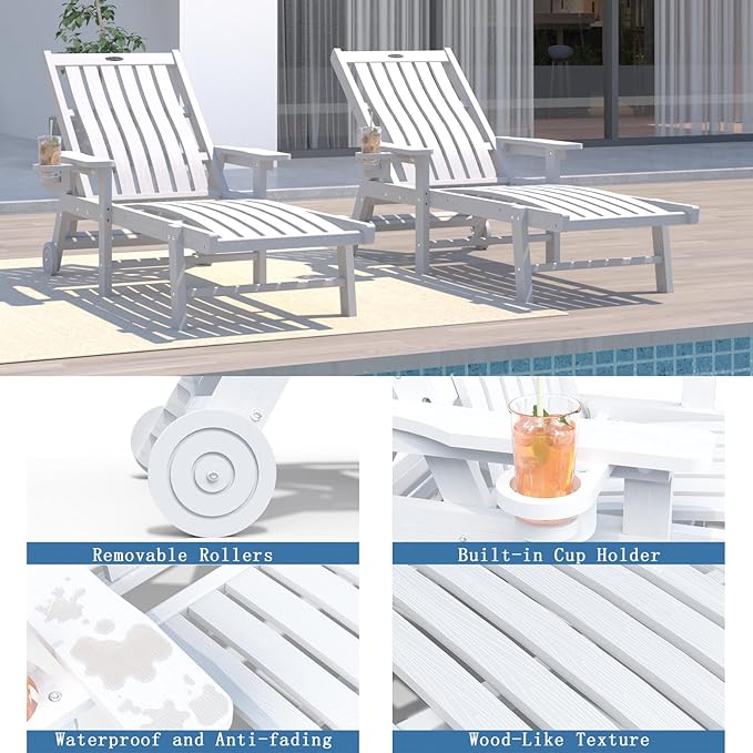 Patio Chaise Lounge Chair Set of 2, Oversized Lounge Chair Outdoor with 5 Positions, HDPE, Patio Lounge Chair with Wheels & Cup Holder for Pool, Deck, Poolside,White