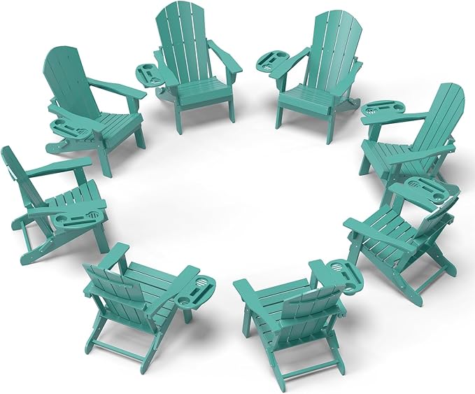 Adirondack Chair Set of 8, HDPE Folding Adirondack Chair with Multifunctional Cup Holder, Weather Resistant Fire Pit Chair for porches, patios, poolsides, Decks.