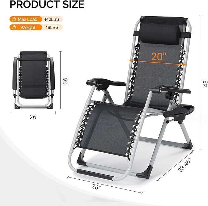 Bonnlo Padded Zero Gravity Chair, Lounge Chair Recliner Chair with Removable Cushion & Tray， Folding Reclining Patio Chairs， Recliner Chair for Lawn，Indoor and Outdoor