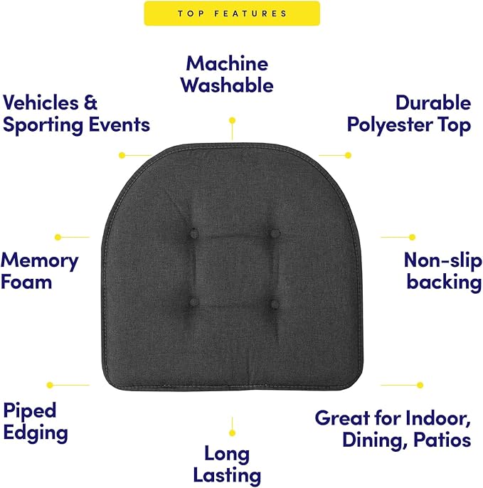 Sweet Home Collection Chair Cushion Memory Foam Pads Tufted Slip Non Skid Rubber Back U-Shaped 17" x 16" Seat Cover, 2 Count (Pack of 1), Charcoal