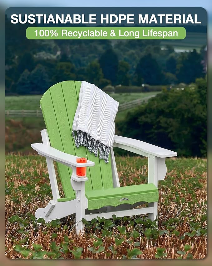 Folding Adirondack Chair –Recyclable HDPE Outdoor Adirondack Patio Chair with Cup Holder, Wood Texture & Umbrella Hole, 25-Year Fade-Free All Weather for Fire Pit, Porch, Poolside, Deck, Lime & White