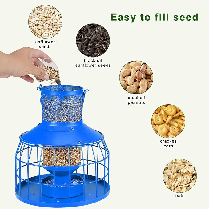 Squirrel Proof Bird Feeders, Metal Wild Bird Feeders for Outdoors Hanging, 3.5LB Heavy Duty Caged Squirrel Proof Bird Feeders, Chew-Proof, Weather Resistant, Patio Backyard Garden Decor (Blue)