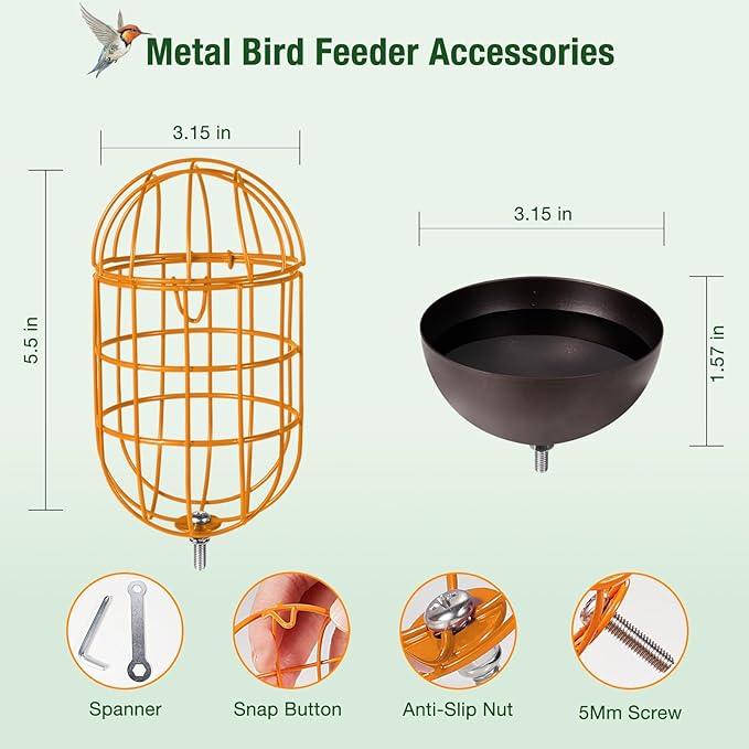 Metal Suet Ball Holder + Water Bowl Set for Birds - Compatible with Most Outdoor Smart Feeders - Oval-Shaped Suet Ball for Outdoors - Bird Feeder Replacement Parts with 5mm Screw (Orange)