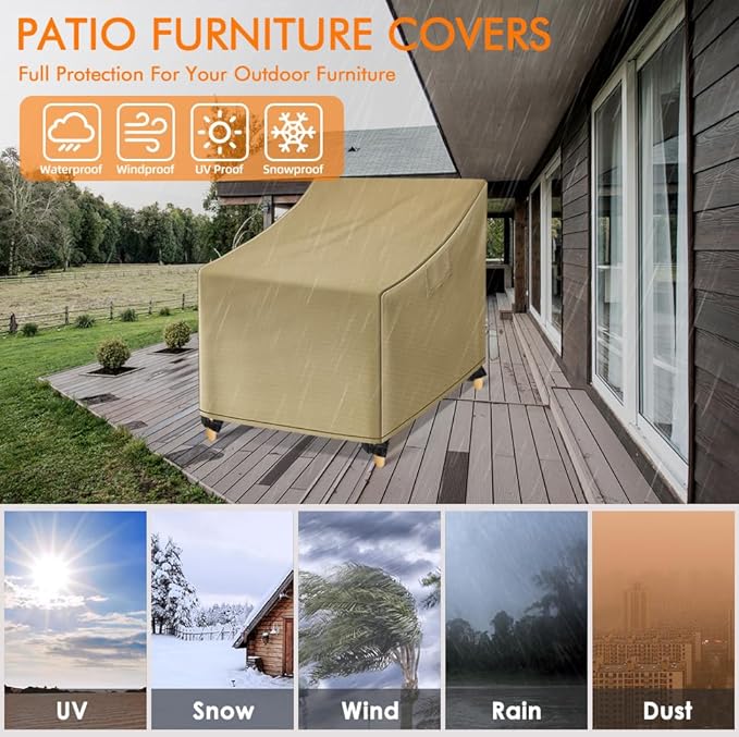 WLEAFJ Outdoor Chair Covers Waterproof, Khaki Lawn Patio Furniture Covers, Heavy Duty Wicker Garden Sofa Chair Cover, 2 Pack - 30" W x 37" D x 31" H