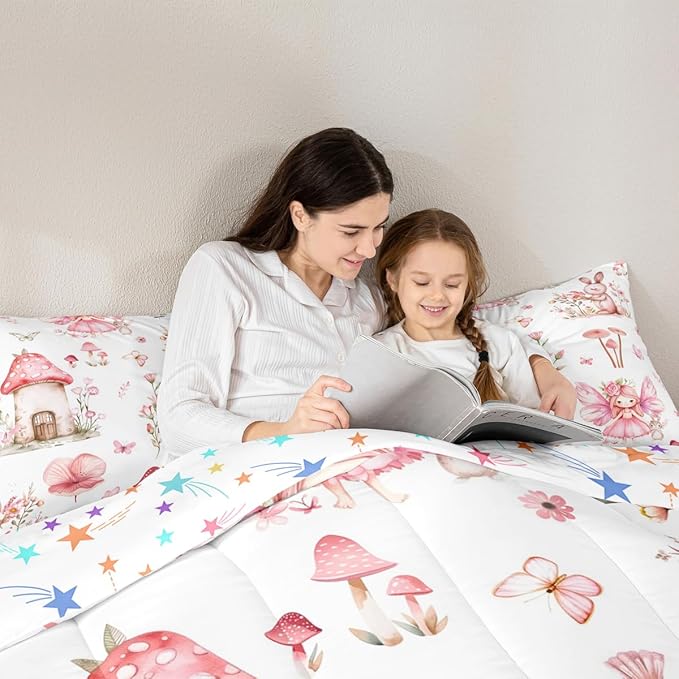 Erosebridal Fairy Garden Full Comforter Set - Mushroom Floral Butterfly Bedding Sets for Kids Girls, Pink Flower Bunny Bed Set | Forest Themed Fairies Room Decor with 2 Pillowcases