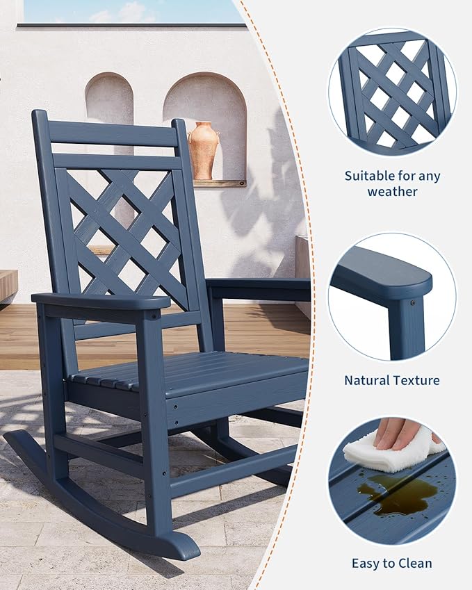 GarveeLife Outdoor Rocking Chair, HDPE Weather Resistant Patio Rocking Chair Porch Rocker with Wood Texture & 380 LBS Support for Deck, Pool, Backyard, Navy Blue