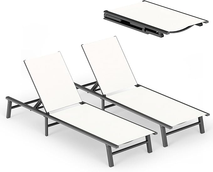 Ciokea Foldable Outdoor Lounge Chair Set of 2, No Assembly Aluminum Chaise Lounge Outdoor with 5 Adjustable Positions, Pool Lounge Chairs with Portable Design for Pool, Beach, Deck, Patio, White
