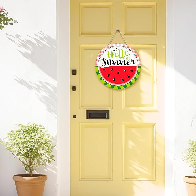 Hello Summer Watermelon Door Sign Summer Welcome Sign for Front Door Red Green Buffalo Plaid Wooden Door Hanger Outdoor Porch Decor Seasonal Farmhouse Hanging DecorationS 12 Inch