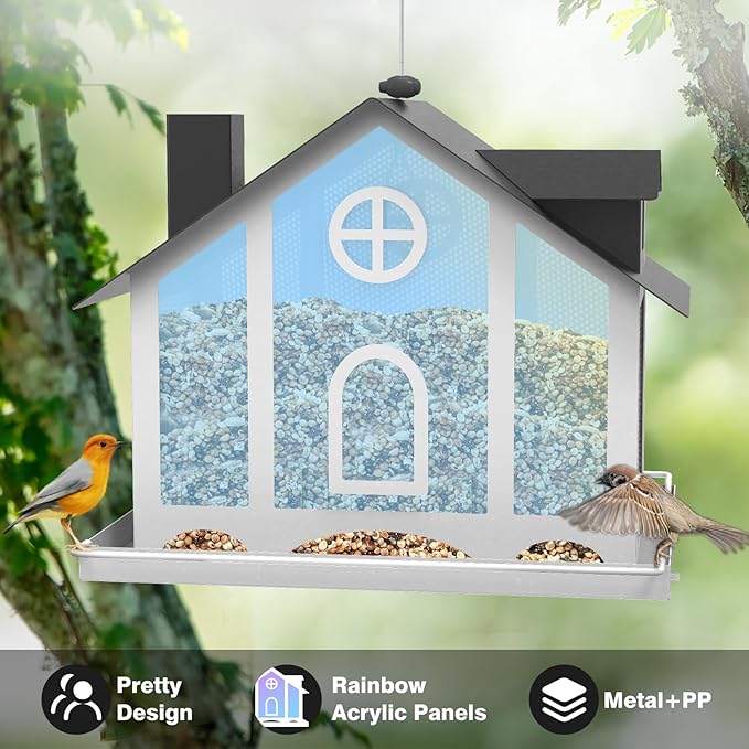 Bird Feeders for Outdoors, Decorative Large Bird Feeders for Outdoors with Rainbow Acrylic Panels, Ideal Gift for BirdLovers to Attract Feathered Friends Year-Round