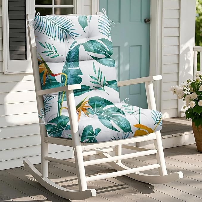 Rocking Chair Cushion, Waterproof Chairs Cushions for Adirondack Chairs Patio Chair High Back Thicked Cushions Outdoor and Indoor with Ties, Yellow Green Leaf