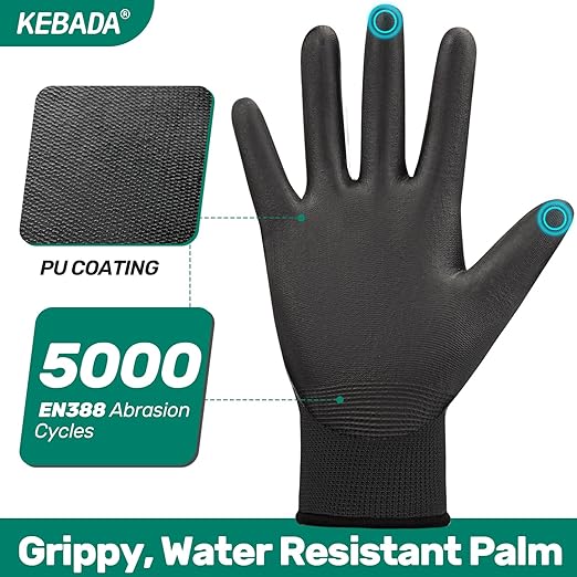 Kebada Safety Work Gloves,120 Pairs Bulk Pack, Touchscreen, PU Coated, Ideal for Warehouse, Construction, Gardening and Mechanics, Black, Medium