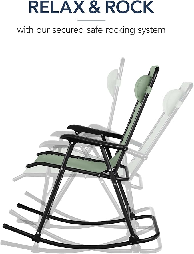 Best Choice Products Outdoor Folding Rocking Chair, Zero Gravity Lounge Chair, Patio Rocker w/Headrest Pillow - Sage Green