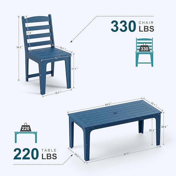 7-Piece HDPE Patio Dining Set, Weather-Resistant Outdoor Table with 2/1.5-Inch Umbrella Hole, Never Sagging One-Piece Tabletop with Metal Support Bars for Poolside Backyard Garden (Blue)