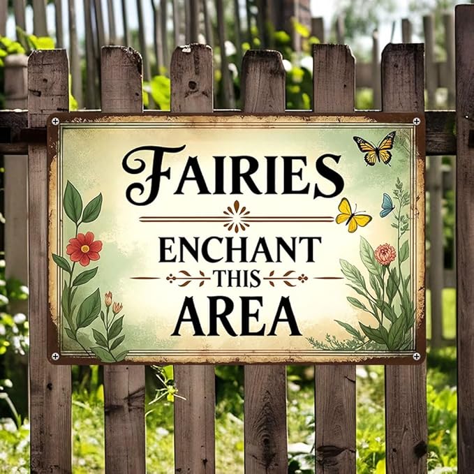 Funnysign Garden Gifts Vintage Fairy Garden Tin Sign – “Fairies Enchant This Area” – Rustic Floral Metal Wall Art for Backyard, Patio, Porch, Greenhouse, or Kids’ Fairy Garden Décor, 8×12 Inch (9817)