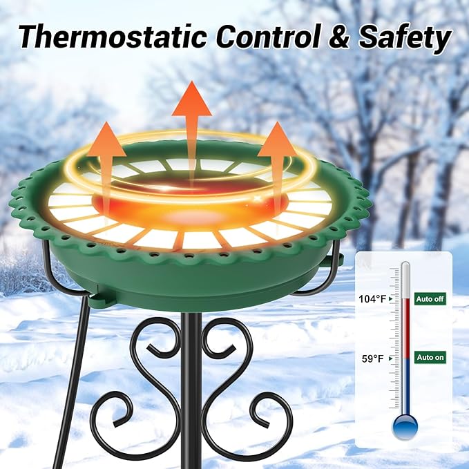 Heated Bird Baths for Outdoors,Upgraded 100W Thermostat Control Heated BirdBaths for Winter with Metal 5 Prong Base Heated Bird Bath for Outside Winter Garden Yard Patio Lawn (Green)