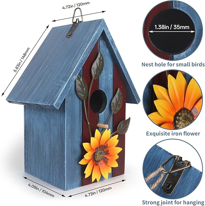 Birdhouse,Nesting Boxes for Birds, Rustic Wooden Flower Nesting Box for Birds for Outdoors, Hanging Bridal House for Garden Decoration, Blue