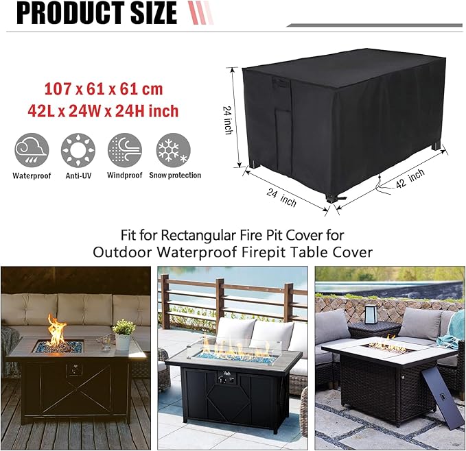 Fire Pit Cover Rectangular 42 Inch, Propane Gas Fire Pit Table Cover,Outdoor Waterproof Firepit Table Cover - 42 X 24 X 24 Inch