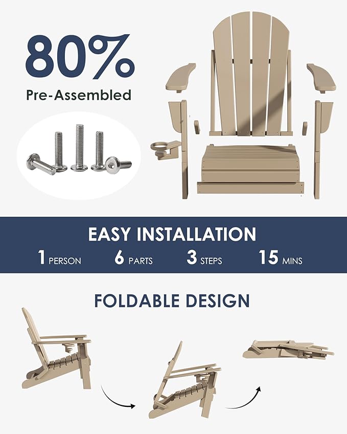 Folding Adirondack Chairs Set of 2, All-Weather Resistant HDPE Patio Firepit Chairs, Sturdy Outside Chairs with Cup Holder, Lawn Chairs, 80% Pre-installed Load Capacity 385lb, Weathered Wood