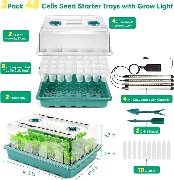 96 Cell Seed Starter Tray with Grow Light, Seed Starting Trays with Adjustable Humidity Dome, Seed Starter Kit Plant Starter Kit for Seeds Growing Starting, Indoor Gardening (No Self-watering)