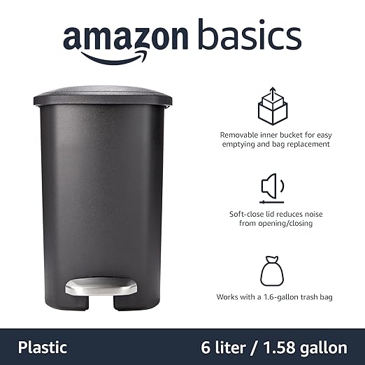 Amazon Basics Compact Plastic Bathroom Trash Can with Soft-Close Lid, Hands-Free Foot Pedal, Removable Inner Bucket, 6 Liters, Black