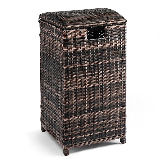 33 Gallon Outdoor Wicker Trash Bin,Wicker Patio Trash Bin, 33 Gallon Rattan Trash Can with Lid for Porch Backyard Deck Patio Poolside, Brown