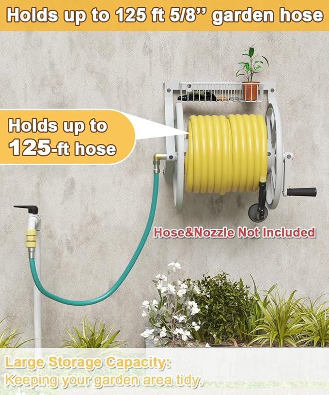 Triangle Wall Mounted Garden Hose Reel, Outdoor Heavy-Duty Water Hoses Holder Winder, Holds 125 Ft of 5/8-Inch Hose, with 3.9 ft Leader Hose, Brass Fitting, Storage Basket for Yard, White
