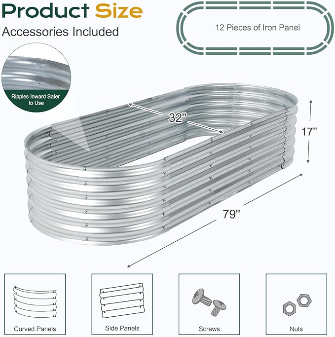 Aoodor Galvanized Raised Garden Bed Kit, 6.6 x 2.6 x 1.4 Ft, Oval Planter Box for Vegetables, Flowers, and Herbs, Outdoor Use, Silver