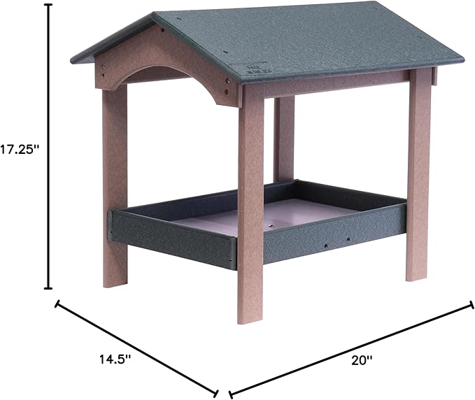 AmishToyBox.com Ground Bird Feeder, Deluxe Fly-Through Covered Feeder for Birds and Squirrels with Screen Mesh Tray (Turf Green/Weathered Wood)