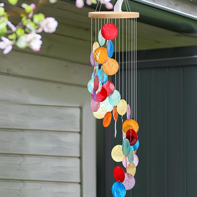 Wenqik Sea Glass Shell Wind Chimes for Outside Seaglass Capiz Windchime Spiral Wind Chimes for Women Beach Holiday Summer Gift Indoor Outdoor Home Housewarming Garden Decor(Colorful)