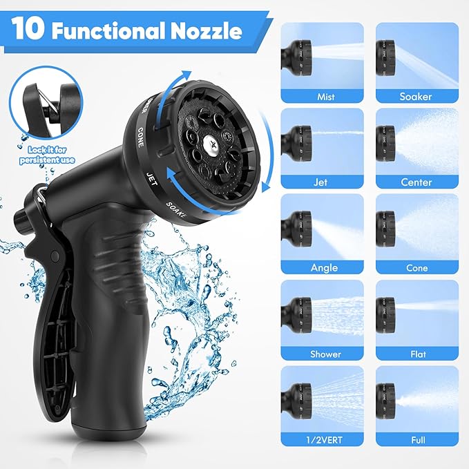 Garden Hose 100 FT, Metal Stainless Steel Water Hose with 10 Function Nozzles, No Kinks, Flexible Hose, Lightweight, Puncture Proof, Heavy Duty Hose for Yard and Outdoor, Silver