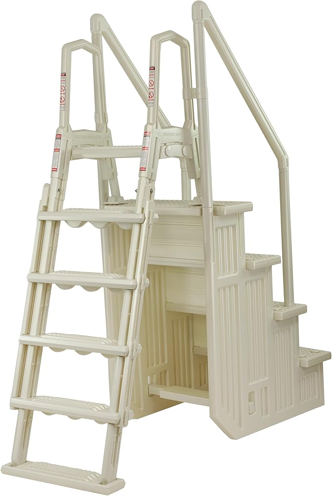 Aqua Select Anti-Slip in-Pool Steps with Outside Flip-Up Ladder | Pearl White | for Above Ground Swimming Pools | Can Mount to Decks 48" to 54" H | Safety Stairs Capacity Up to 350 lbs