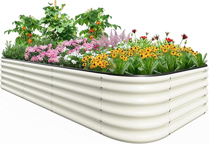Quictent Raised Garden Bed Kit Oval Galvanized Metal Planter Box Tall for Vegetables Outdoor Backyard, Rubber Strip Edging Included, Beige 8x4x1.5 ft