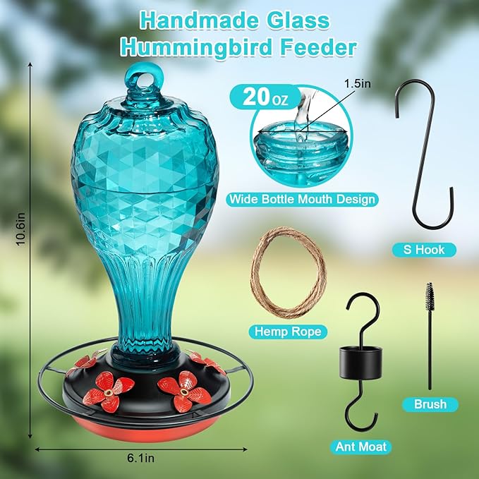 20 OZ Glass Hummingbird Feeders for Outdoors Hanging - Hand-Blown Vibrant Blue Reflective Fish-Scale Design - Attracts More Hummingbirds - Leak-Proof Silicone Seal & Ant Moat - Gift for Mom