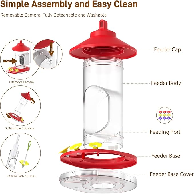 SOLIOM Hummingbird Feeder with Camera Solar Power, 2K Smart Hummingbird Feeder Camera Solar Powered with AI Identify, Ant Moat Pole Holder, Auto Detect, Ideal Gift for Hummingbird Lover (20 oz)