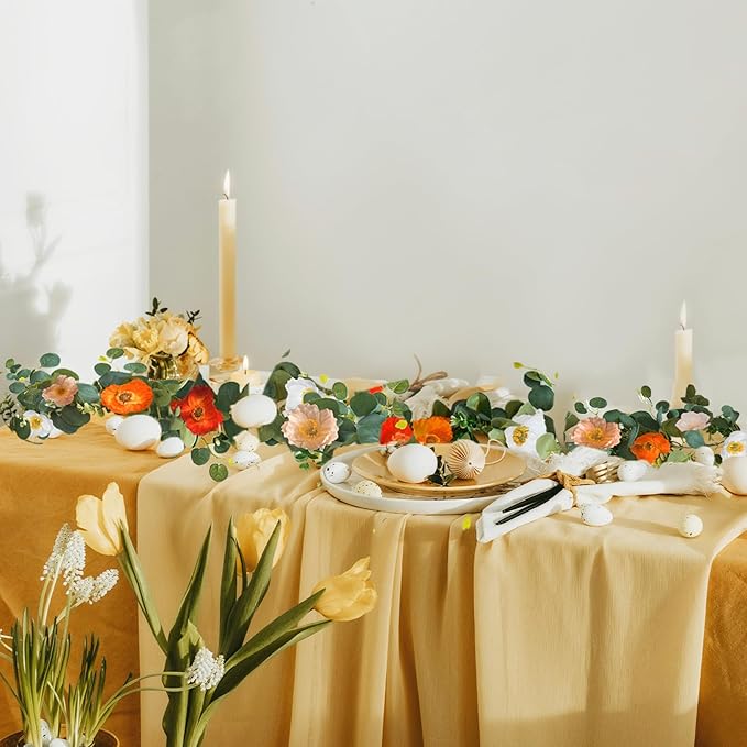 5.74 FT Artificial Poppies Flower Garland, Floral Garland Greenery Vines with Eucalyptus Hanging Flowers Vines for Home Wedding Mantle Table Outdoor Decor (Mixed Colors)