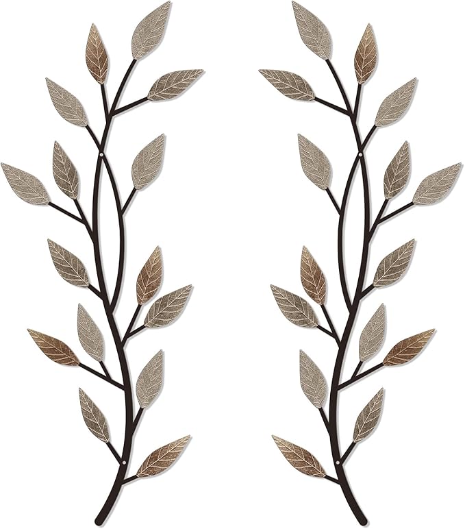 LWHZHE 2 Pieces Vintage Tree Leaf Wall Art Vine Metal Bathroom Wall Decor Olive Branch Wall Decor Living Room Tree Wall Art for Outdoor Hallway Kitchen Garden (Rustic Brown)