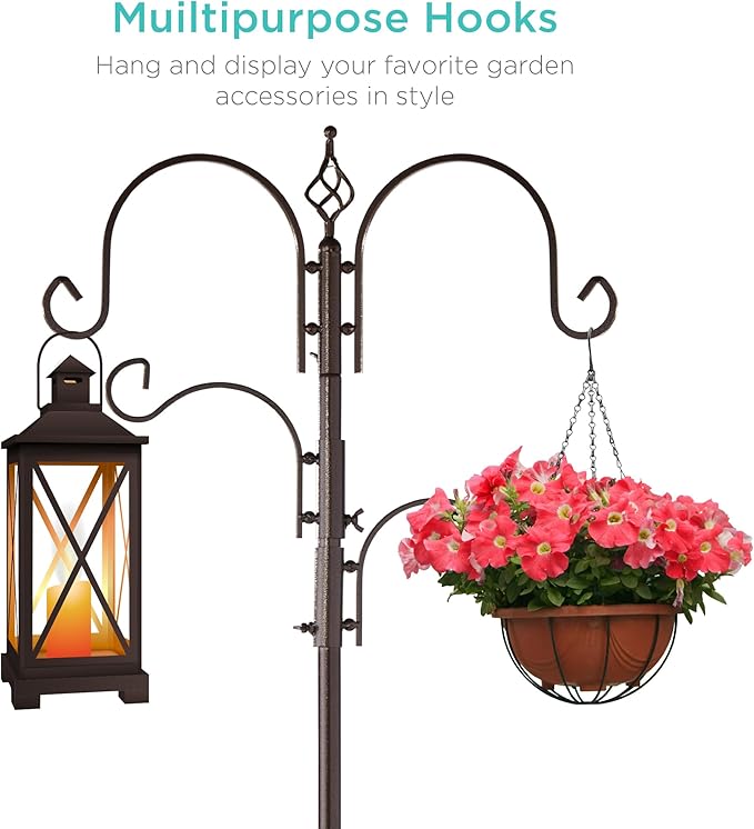 Best Choice Products 91in 4-Hook Bird Feeding Station, Steel Multi-Feeder Kit Stand for Attracting Wild Birds w/ 2 Bird Feeders, Mesh Tray, Bird Bath, 4-Prong Base - Bronze