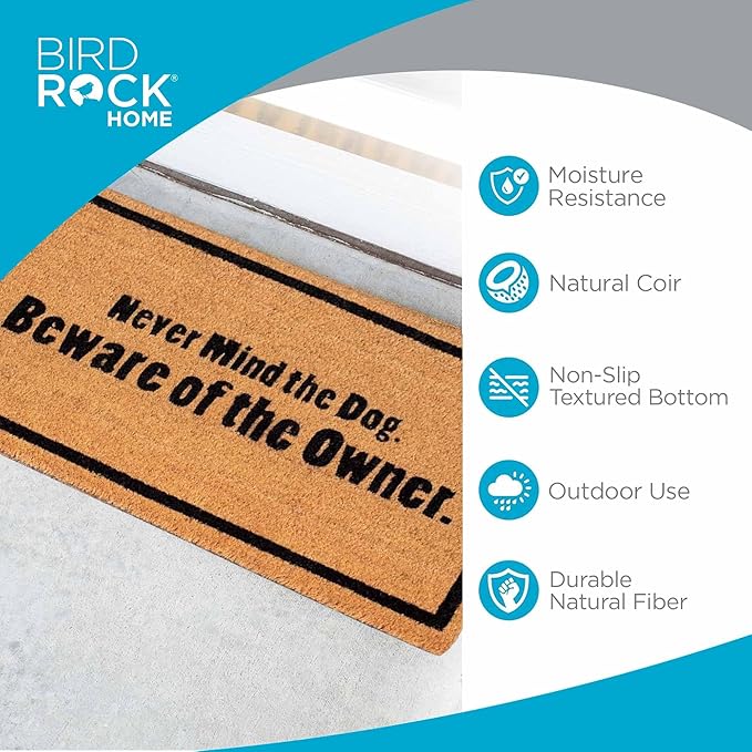 BIRDROCK HOME Beware of The Owner Doormat - Front Door Mat for Indoor Outdoor Entrance - Black Border Rug for Entryway, Porch, Patio, House, or Backdoor - Low Profile, Easy to Clean - 18x30