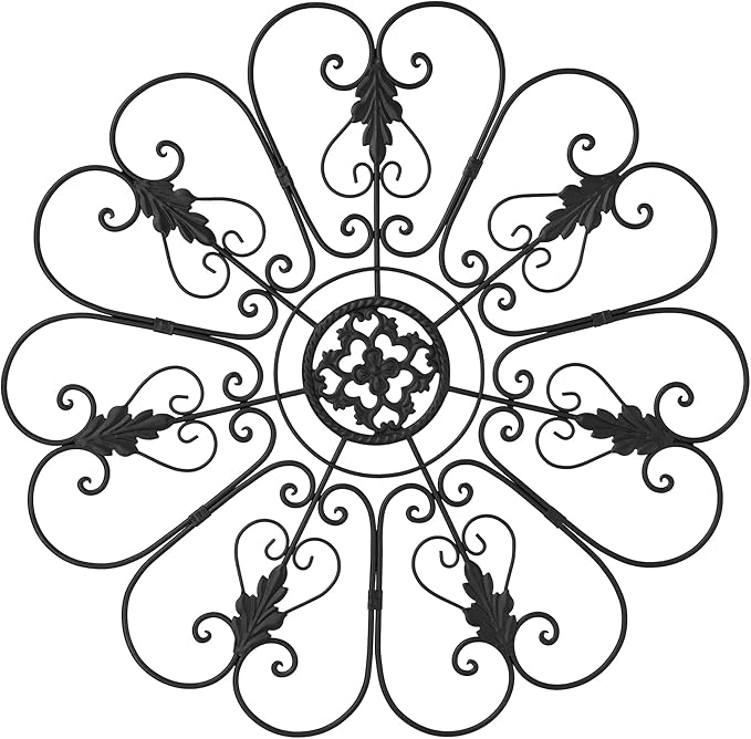 Glitzhome Traditional Iron Scroll Wall Decor, Outdoor Metal Wall Art Scroll-Work with Sturdy Powder-Coated Matte Black Finish Garden Wall Art, Black, 23.75" D
