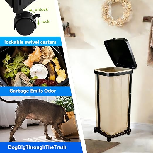 Foldable Trash Bag Holder with Cover and 4 Wheels - 3 Level Adjustable Height Plastic Trash Bag Holder,13 Gallon Trash can, for Kitchen Camping Yard RV Indoor Outdoor