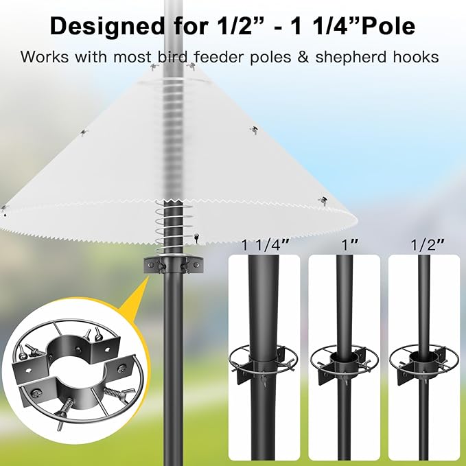 Squirrel Baffle for Bird Feeder Pole – Upgrade Spring-Motion for Effective Squirrels Defense, PC Squirrel Guard Stopper for Outdoor Shepherd's Hook, 19 Inch, Metal Buckle