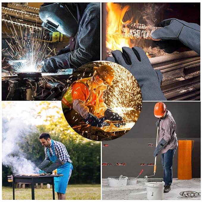 H HZXVOGEN Welding Gloves Fireplace Gloves Fire Heat Resistant 932℉ Fireproof Leather Mitts for Stove BBQ Grill Oven MIG TIG