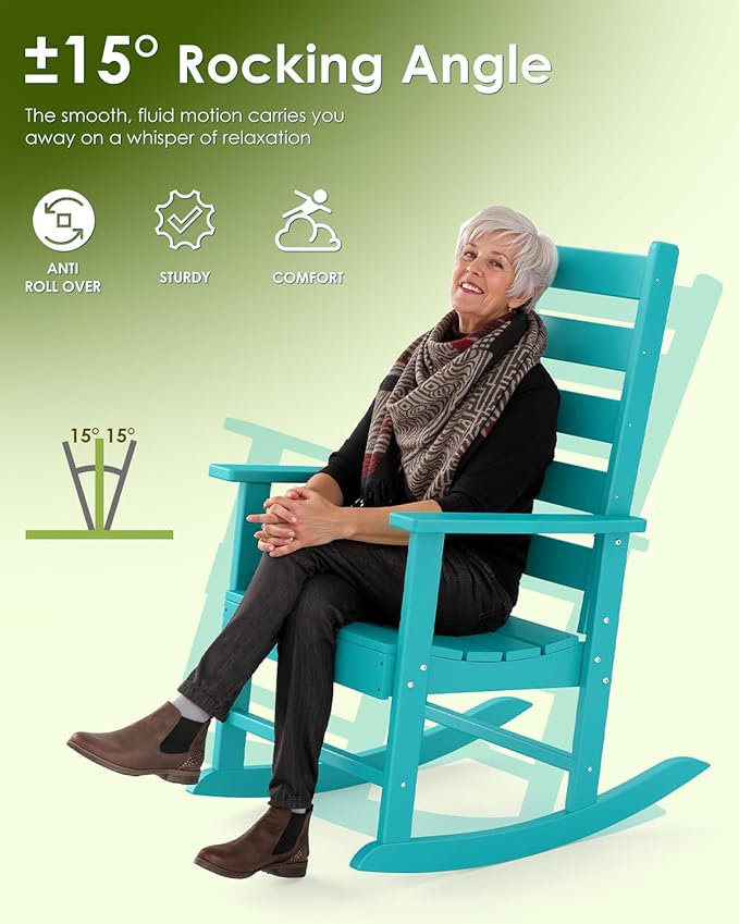 GREENVINES Outdoor Rocking Chairs Set of 2 | HDPE Plastic | Patio-Rocker-Chair | Porch Rocker | Shaker | Oversized | High Ladder Back | Big and Tall | PentaLuxe | Aqua